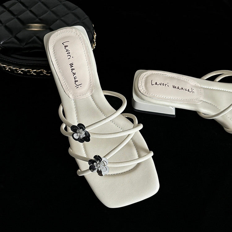 Karin Luna In Stock    Spot Goods    Square Toe One-Strap Sequin Flower Flat Slippers