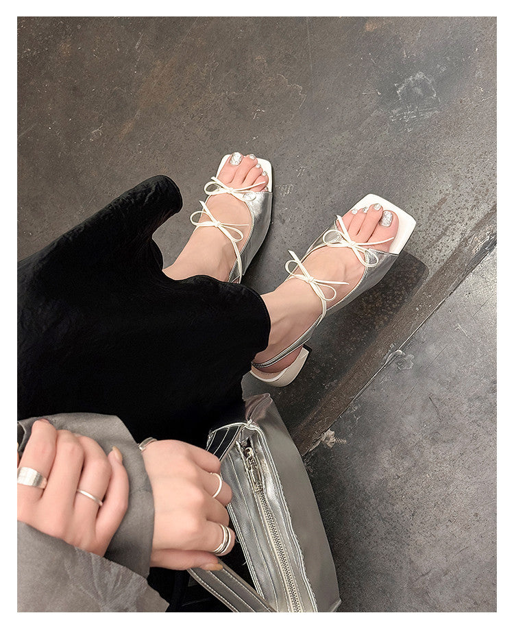 Karin Luna In Stock Spot Goods Square Toe Double Bow Thick Heel Sandals