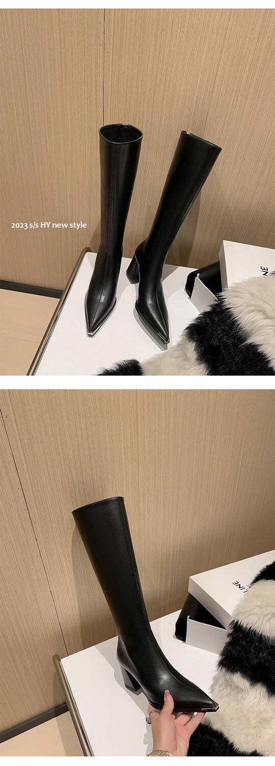 Karin Luna In Stock  In Stock Elegant Metal Pointed Toe Chunky Heel Full Cowhide Leather Riding Boots