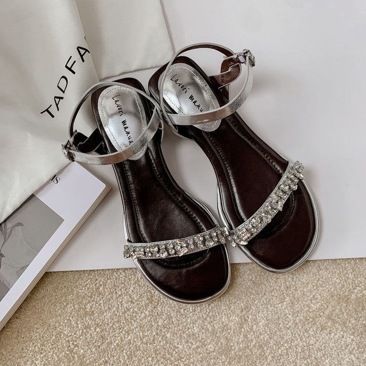 Karin Luna In Stock In Stock  Rhinestone Strap Round Toe Chunky Heel Sandals