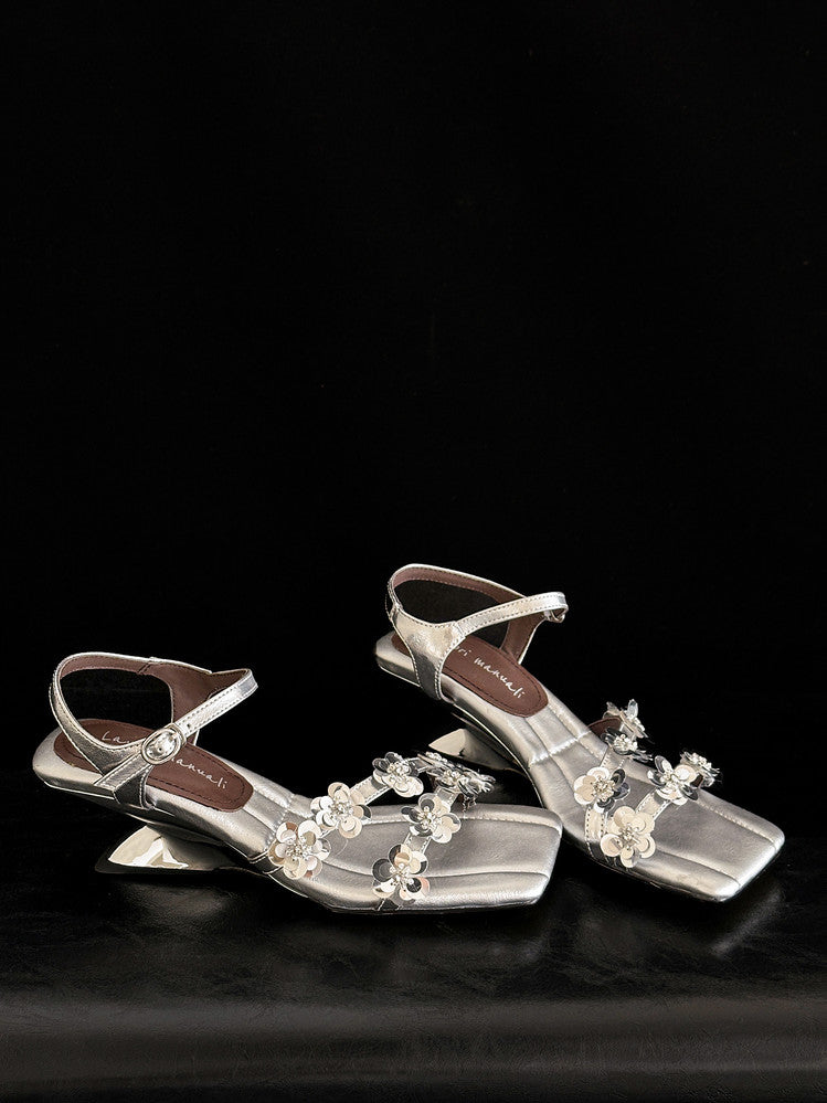 Karin Luna In Stock Spot Goods All the Best Square-Toed Sequin Flower Sandals