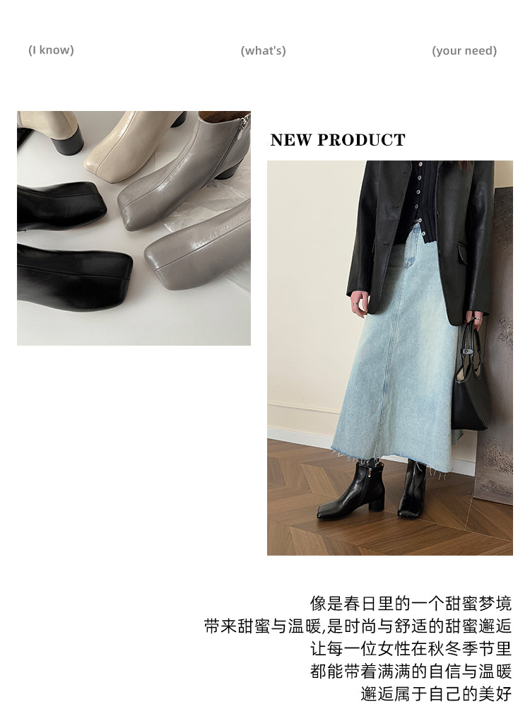 Karin Luna French Style Square Toe Chunky Heel Ankle Boots