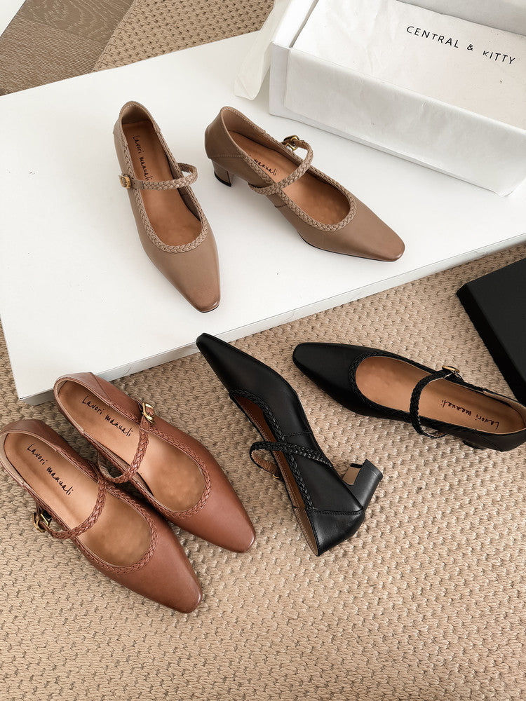 Karin Luna Braided Element Design Chunky Heel Square Toe Single Strap Shoes