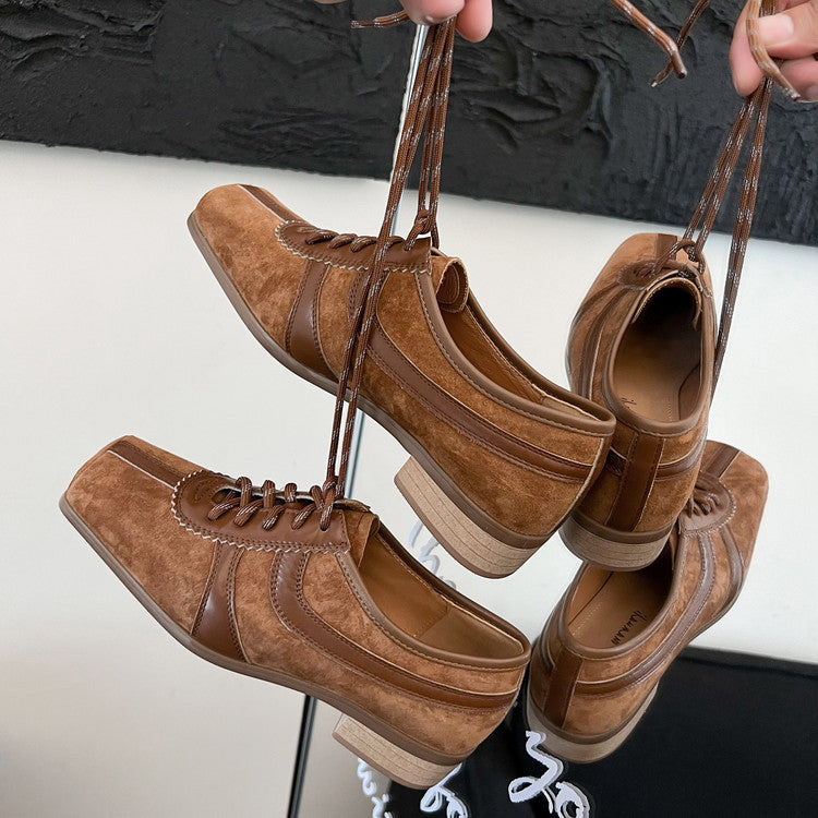 Karin Luna In Stock Spot Goods   Pig Nose Thin Strap Square Toe Patchwork Single Shoes