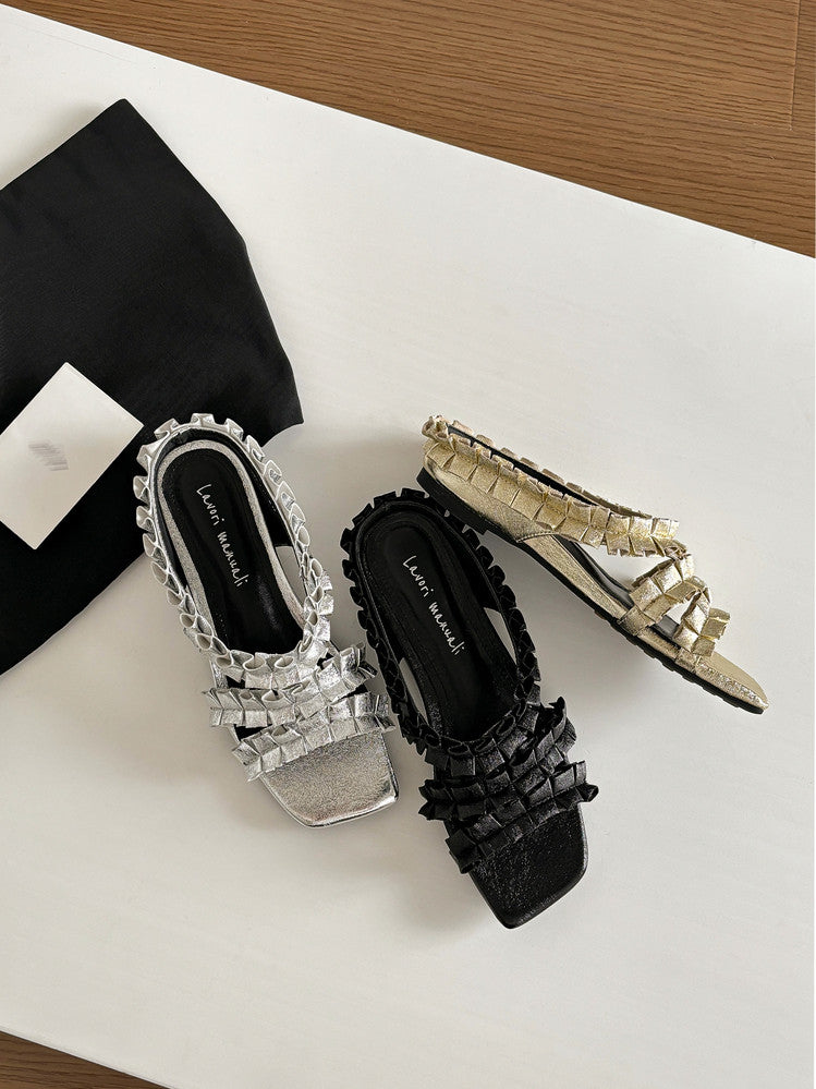 Karin Luna In Stock   Spot Goods  Niche Design Square-Toed Pleated Flat Slippers