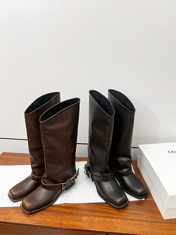 Karin Luna Elegant Style Square Toe Belt Buckle Pants Boot Short Boots