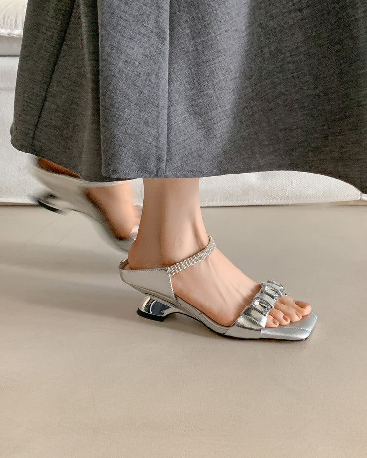 Karin Luna Bestseller Popular Rhinestone Ribbon Square Toe Slippers