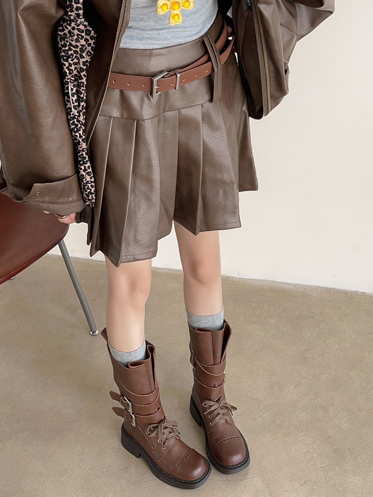 Karin Luna Bestseller Hot-Selling Large Tube Leather Belt Buckle Round Toe Thick-Soled Short Boots