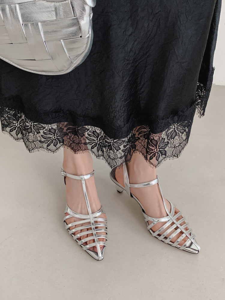 Karin Luna French Hollow Toe Metal Heel Elegant Sandals