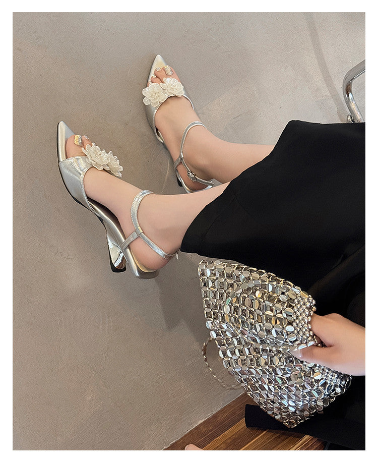 Karin Luna In Stock Spot Goods  Classic Camellia Pointed Toe Elegant Irregular Heel Sandals