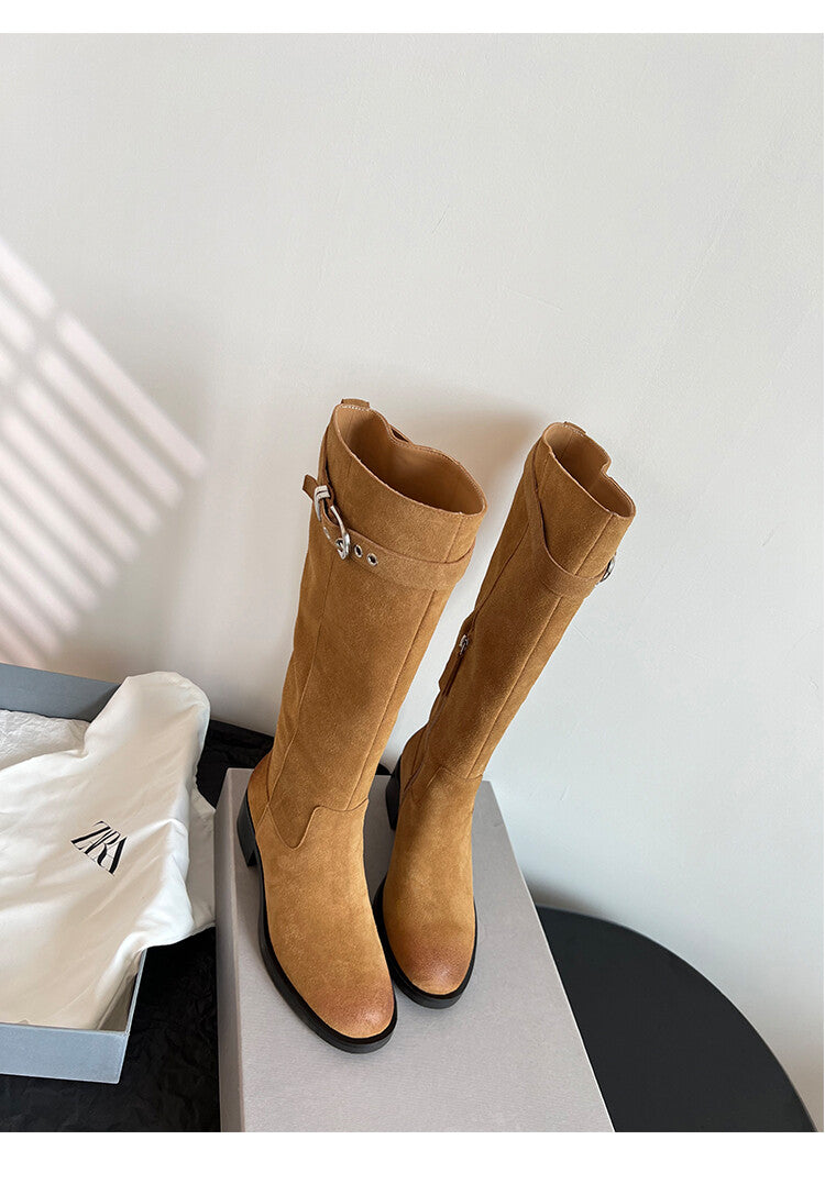Karin Luna Chunky Heels Round Head Belt Buckle  Fashionable Suede Boots