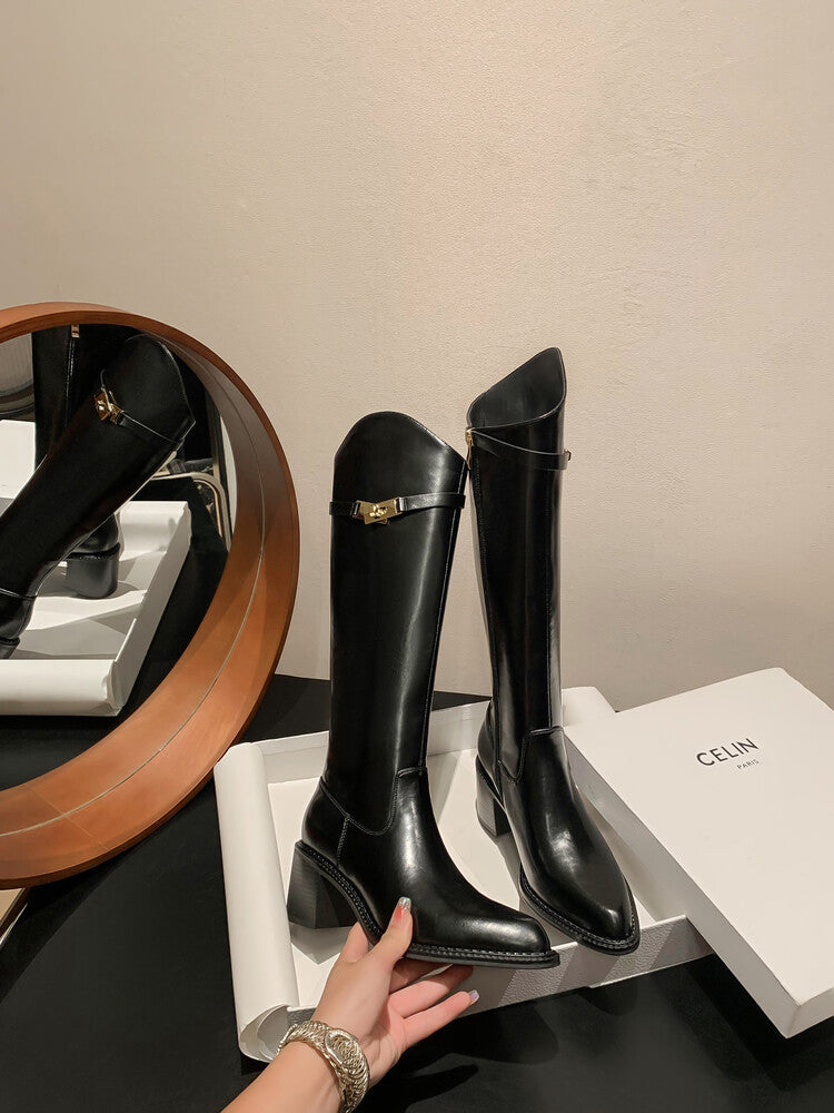 Karin Luna Hot-Selling Fasteners Sold as soon as listed Comes with data plan included Pointed Toe Chunky Heel Classic Full Cowhide Leather Riding Boots