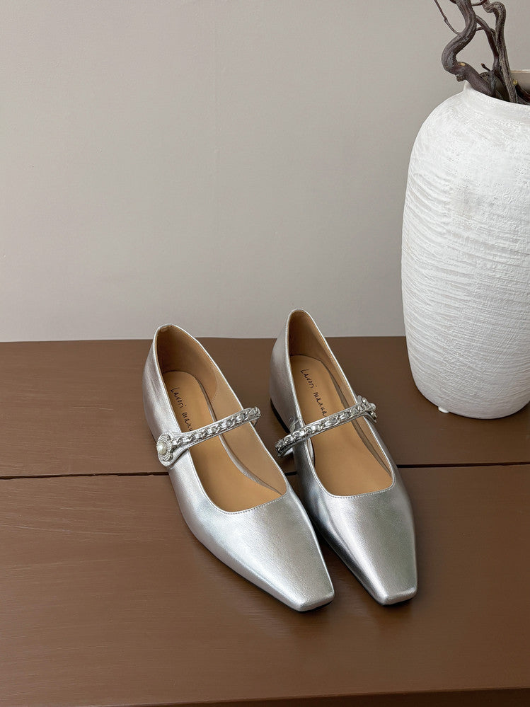 Karin Luna In Stock In Stock ~Metal One-Strap Pearl Small Square Toe Height-Increasing Flats
