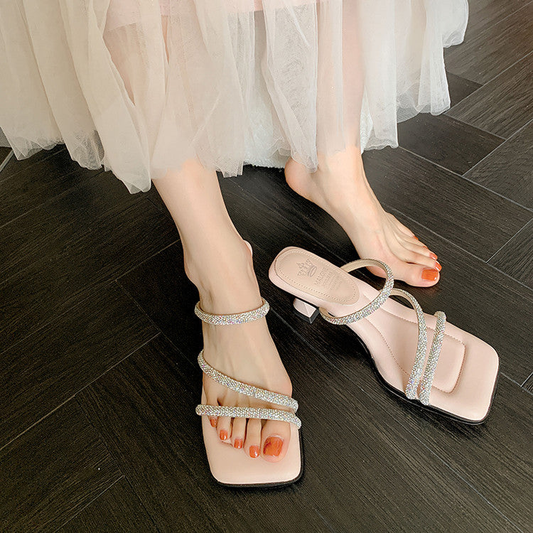 Karin Luna In Stock Spot Goods  Minimalist Versatile Square Toe Rhinestone Strap Open-Toe Sandals