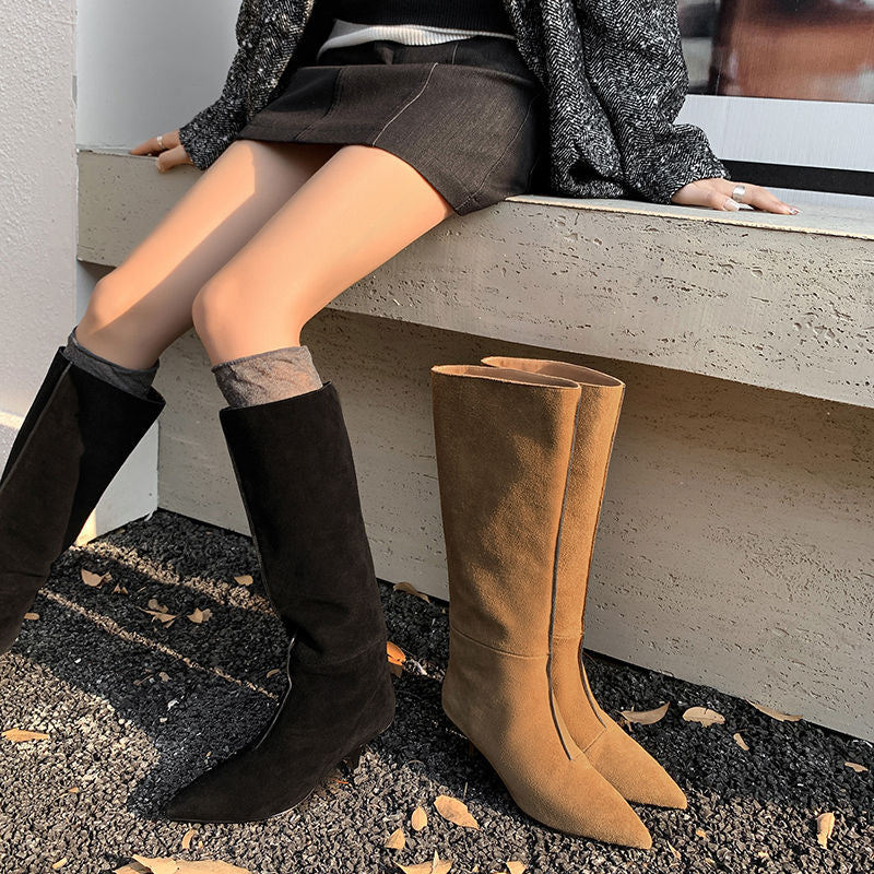 Karin Luna In Stock Spot Goods Retro Cowhide Pointed Toe Stiletto Elegant Long Boots