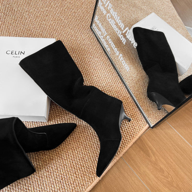 Karin Luna In Stock Spot Goods Retro Cowhide Pointed Toe Stiletto Elegant Long Boots