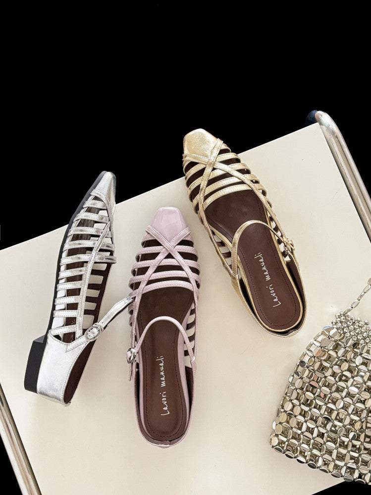 Karin Luna In Stock Spot Goods   French Retro Hollow Small Square Toe One-Strap Slippers