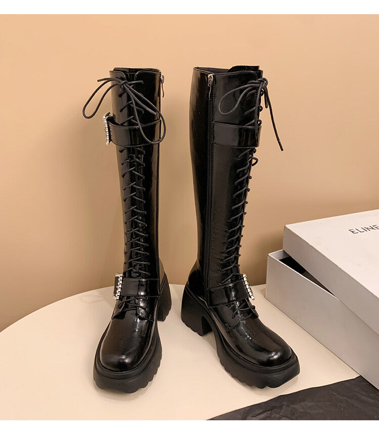 Karin Luna In Stock Spot Goods Bestselling Extended Version Rhinestone Square Buckle Thick Sole Lace-up Thick Sole Full Cowhide Knight Boots