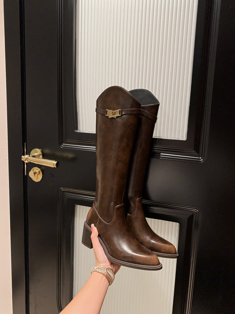 Karin Luna In Stock Spot Goods  Elegant Series~Pointed Toe Chunky Heel Metal Buckle Popular Style Riding Boots
