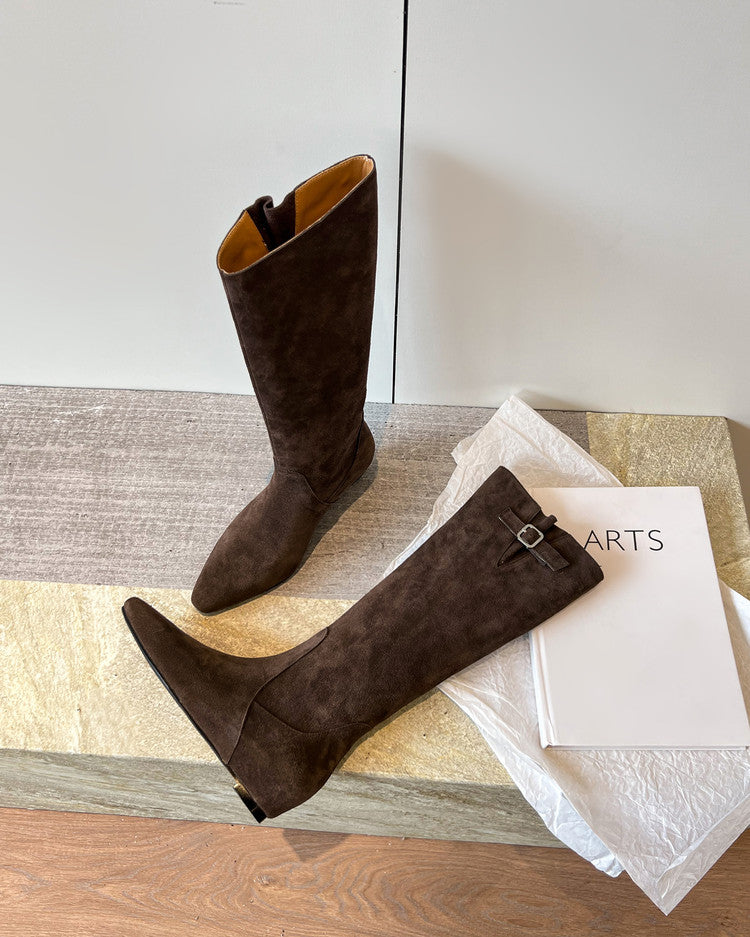 Karin Luna In Stock Spot Goods Vintage Cowhide Leather Chunky Heel Height Increasing Long Boots