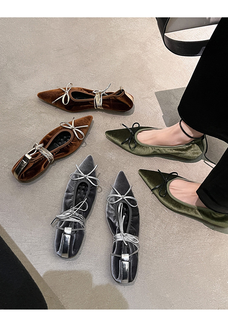 Karin Luna In Stock In Stock Retro Velvet Pointed Toe Bowknot Single Shoes