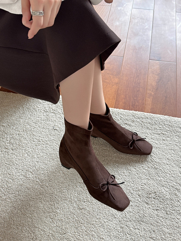 Karin Luna French Style Square Toe Bowknot Hidden Wedge Slim Boots