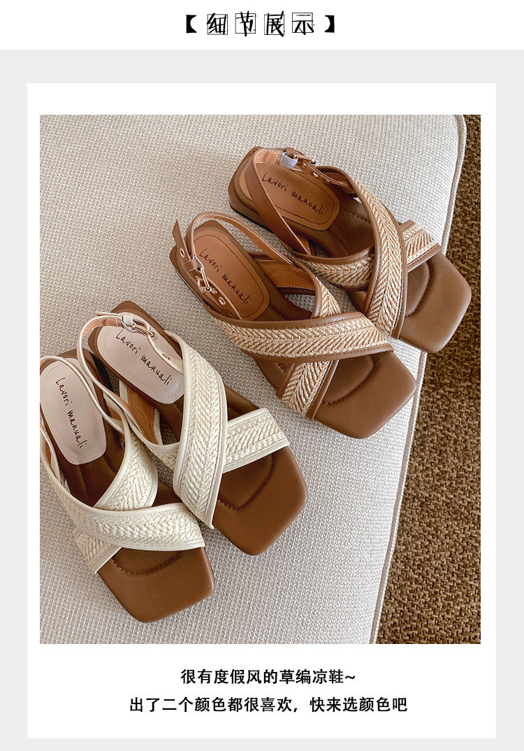 Karin Luna In Stock  Spot Goods Woven Style  Cross-strap Vacation Style Flat Sandals