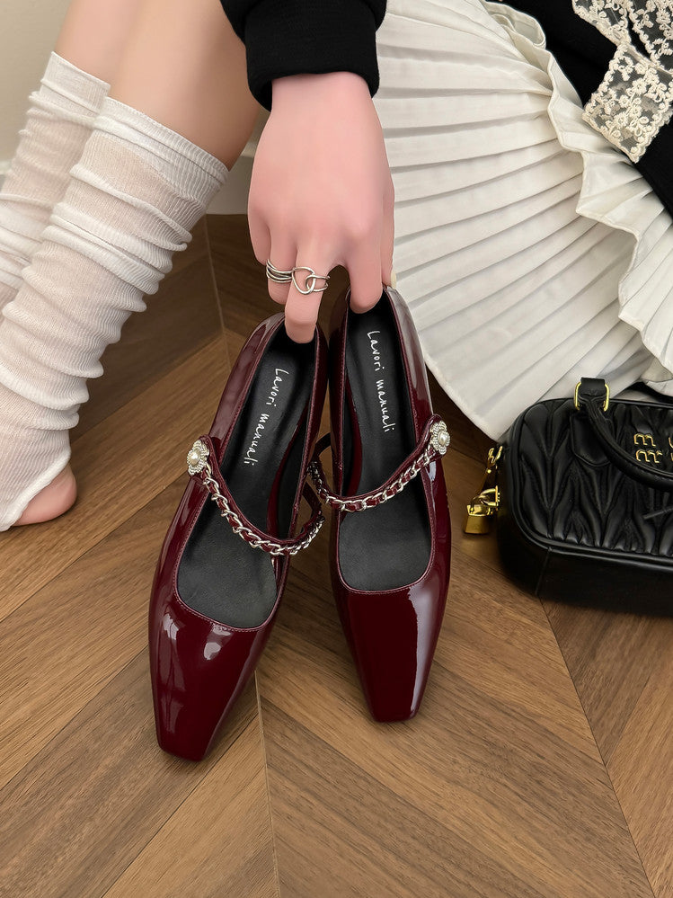 Karin Luna In Stock In Stock ~Metal One-Strap Pearl Small Square Toe Height-Increasing Flats
