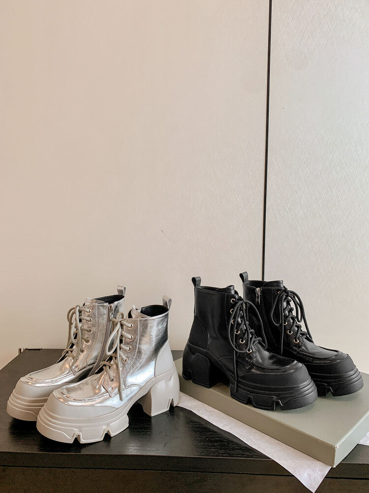 Karin Luna Casual Thick Sole Full Cowhide Lace-up Thick-soled Short Boots   Classic All-Matching
