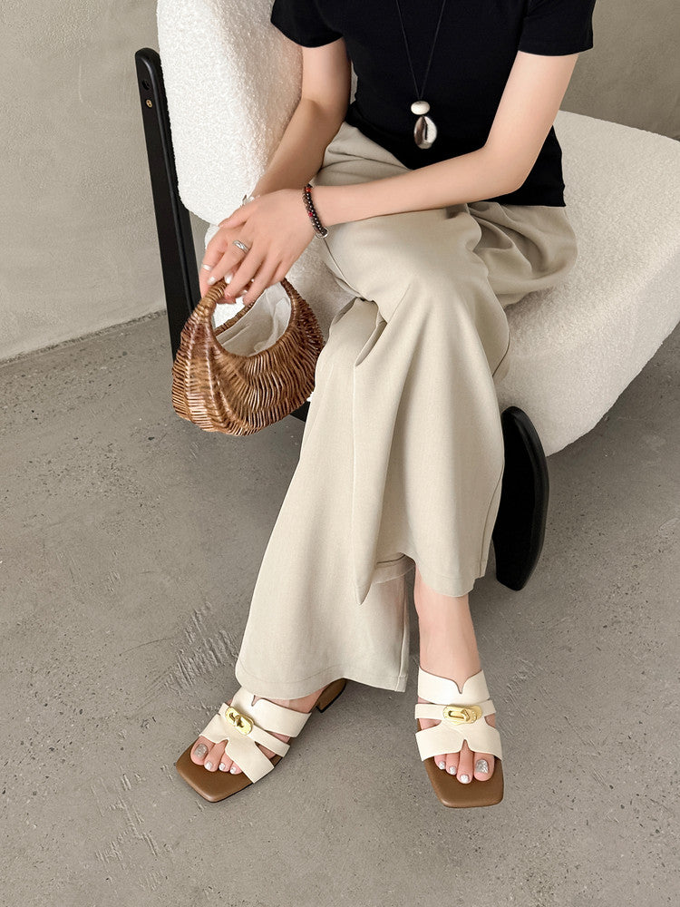 Karin Luna Comfortable Gold Buckle Square Toe Chunky Heel Casual Style Slippers