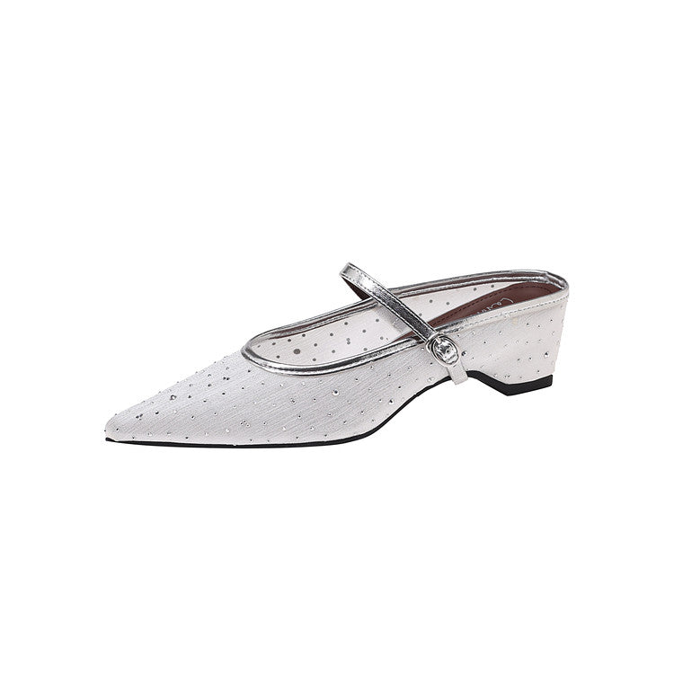 Karin Luna In Stock Spot Goods  Breathable Mesh Fabric Embellished Hand Drill Pointed Toe Slippers