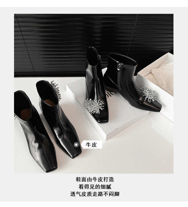Karin Luna Elegant Style Square Toe Flower Design Height Increasing Short Boots with Two Front and Back Options
