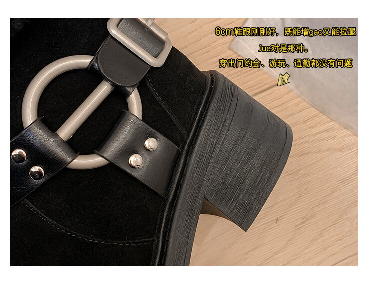 Karin Luna Genuine Lamb Wool and Cowhide Leather Hot-selling Metal Buckle Round Toe Chunky Heel Main Push Main Push
