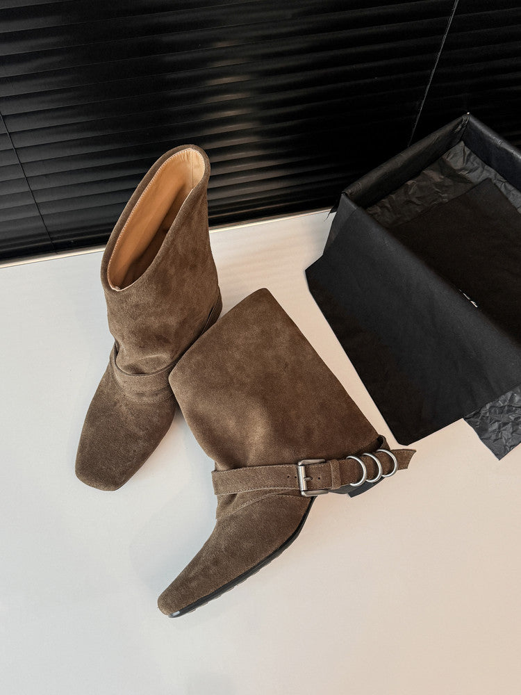 Karin Luna Data Hot Item Square Toe Hidden Wedge Belt Buckle Suede Ankle Boots