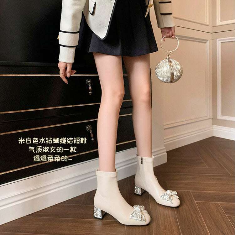 Karin Luna In Stock   Rhinestone Bow Thick Heel Slim Boots