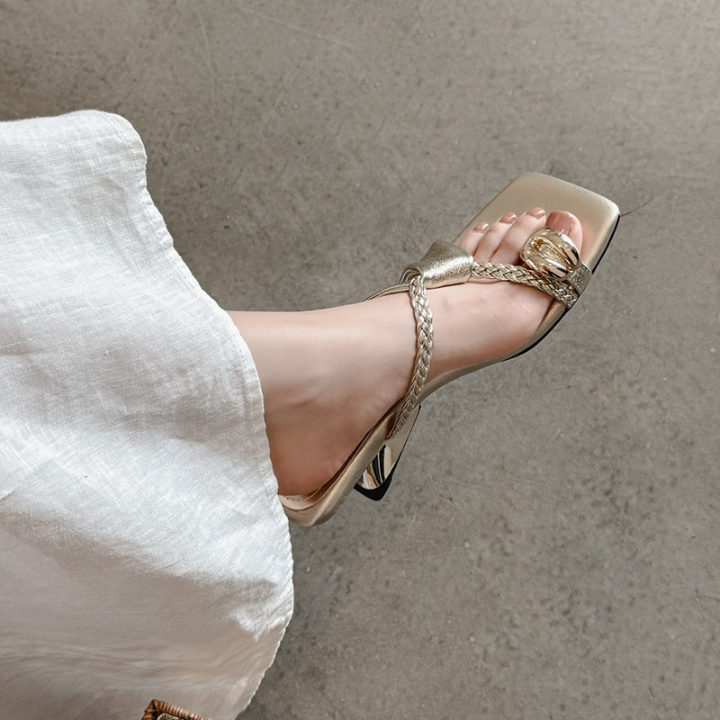 Karin Luna Braided Style ~Cross Strap Square Toe Irregular Heel Slippers