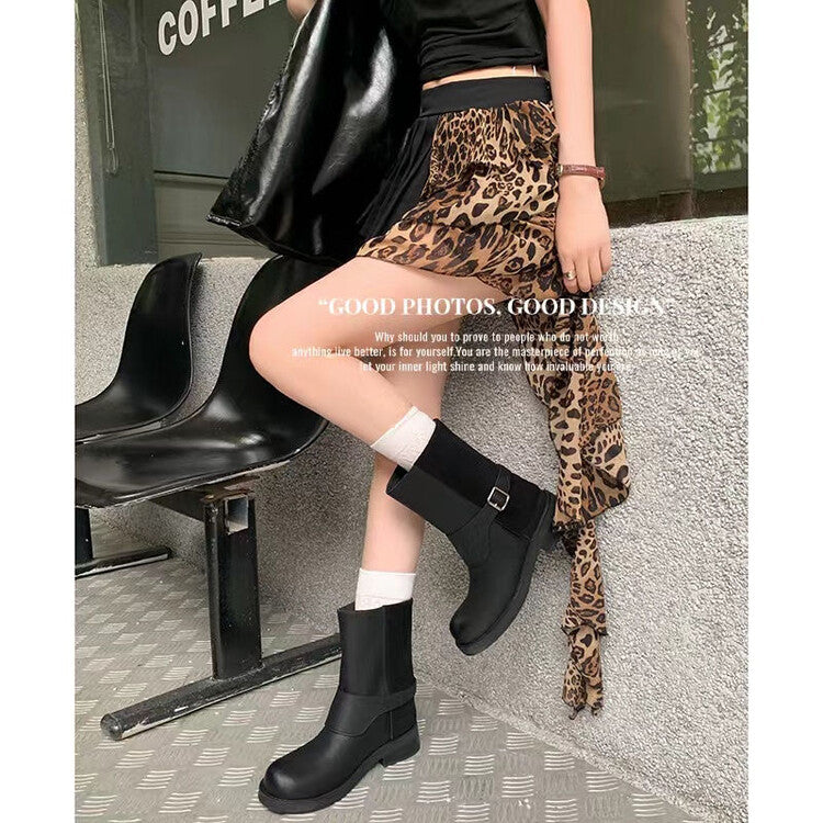 Karin Luna Belt Buckle Chunky Heel Fashion Short Boots