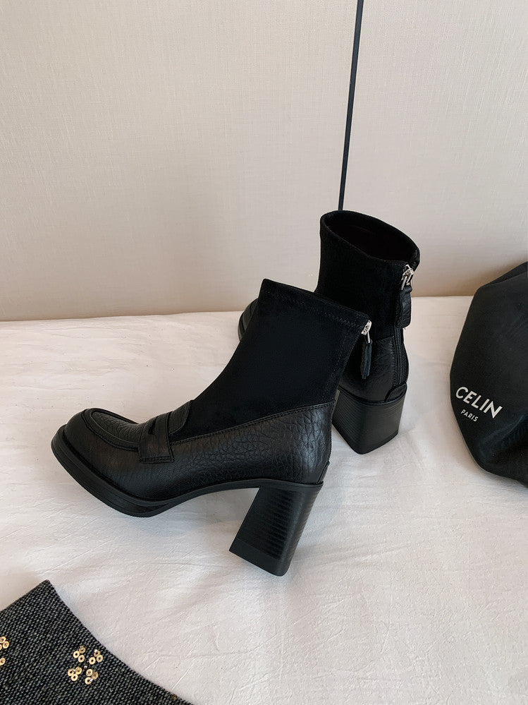 Karin Luna Hot-Selling Element Round Toe Elephant Pattern Elastic Thick Heel Short Boots