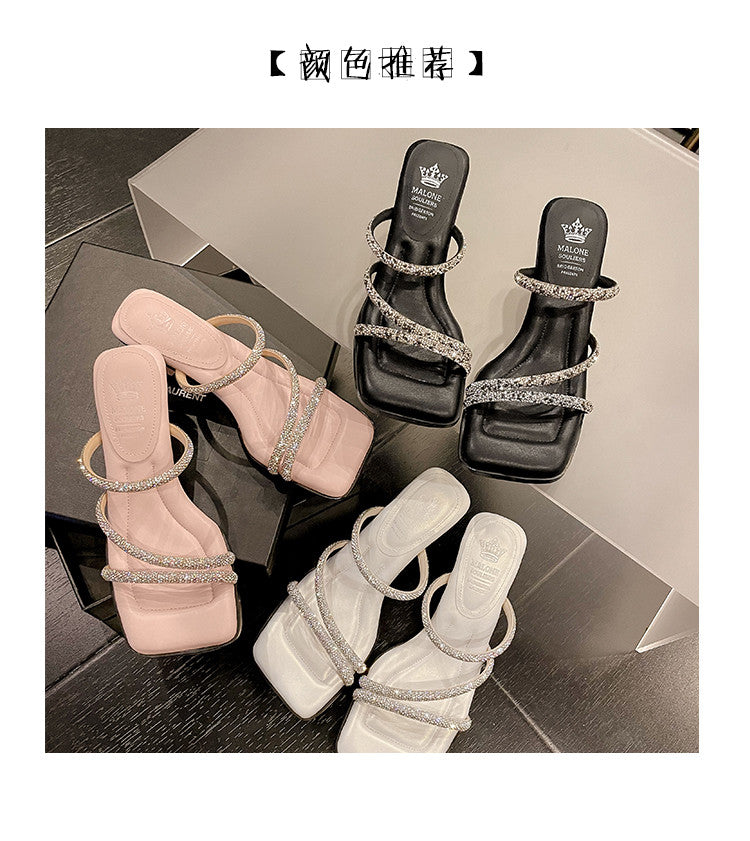 Karin Luna In Stock Spot Goods  Minimalist Versatile Square Toe Rhinestone Strap Open-Toe Sandals