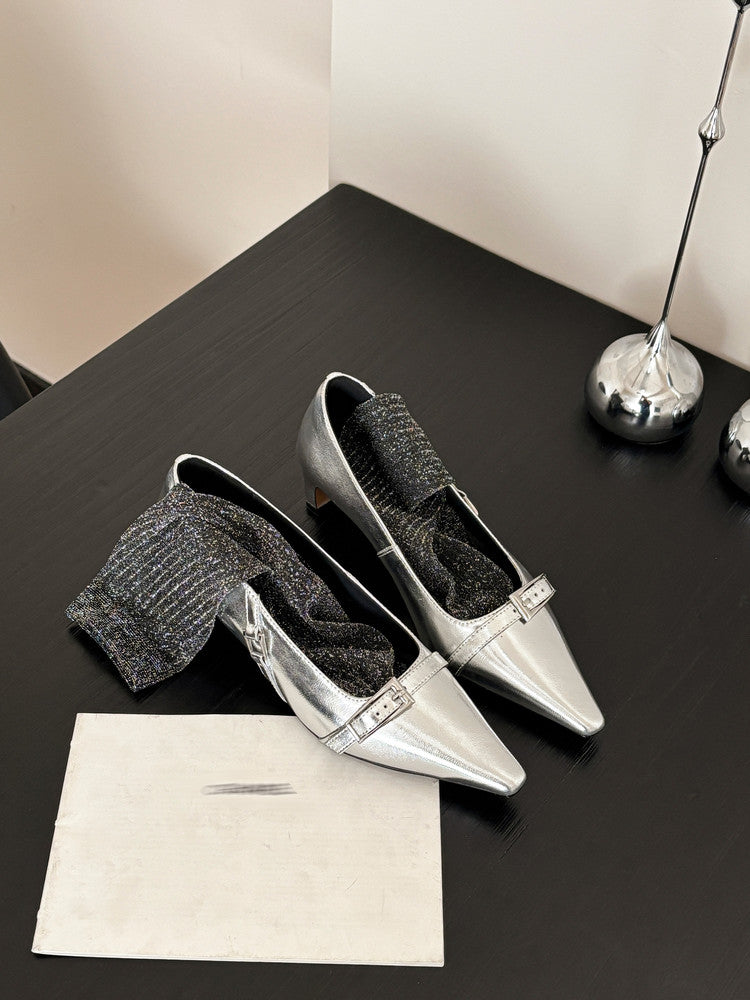 Karin Luna In Stock In Stock Retro Belt Buckle Small Square Toe Chunky Heel Single Shoes