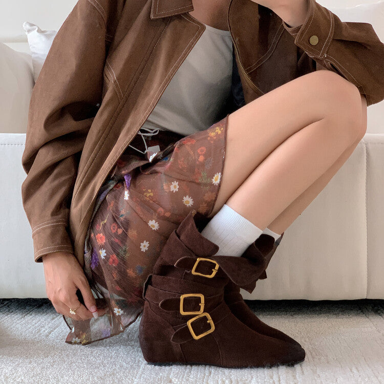 Karin Luna Cow Leather Small Square Toe Belt Buckle Fashion Boots