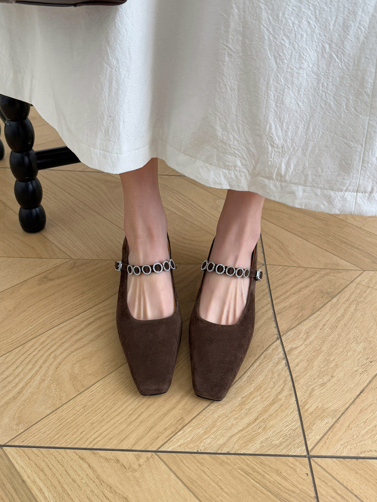 Karin Luna In Stock Spot Goods  Vintage Full Leather Square Toe Rhinestone Strap Shallow Mouth Single Shoes