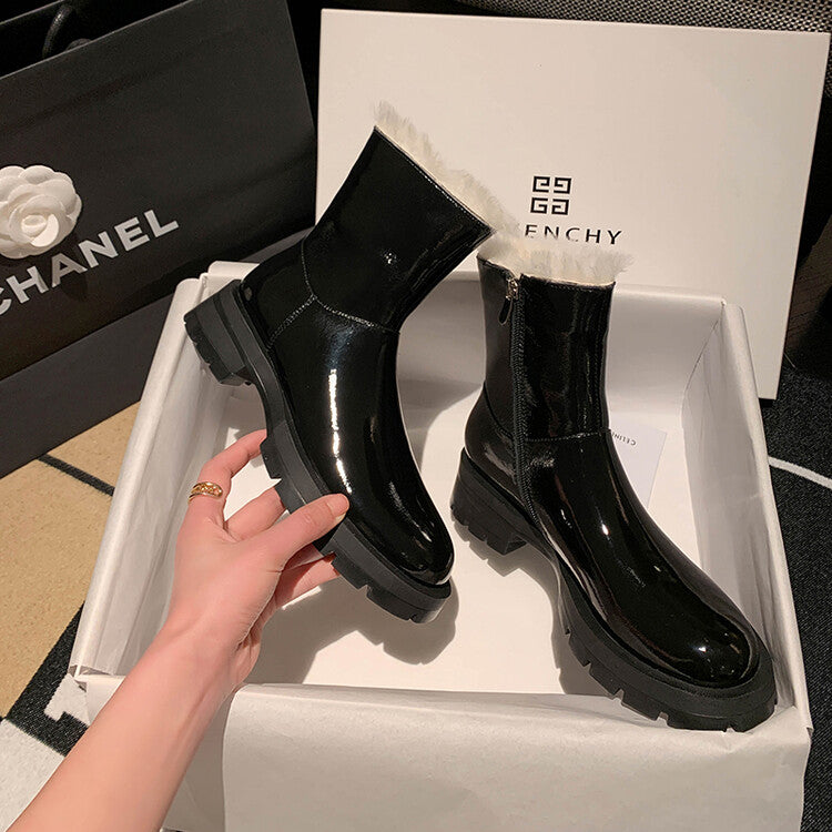 Karin Luna In Stock  Best-selling in stock Thickened Fleece Cow Patent Leather Hot-Selling Flat Short Boots