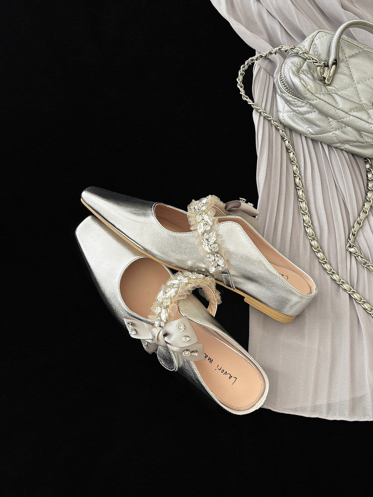 Karin Luna Handmade One-Strap Rhinestone Ribbon Square-Toe Mules