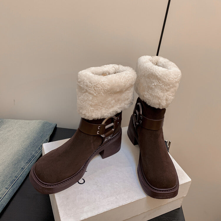 Karin Luna Genuine Lamb Wool and Cowhide Leather Hot-selling Metal Buckle Round Toe Chunky Heel Main Push Main Push
