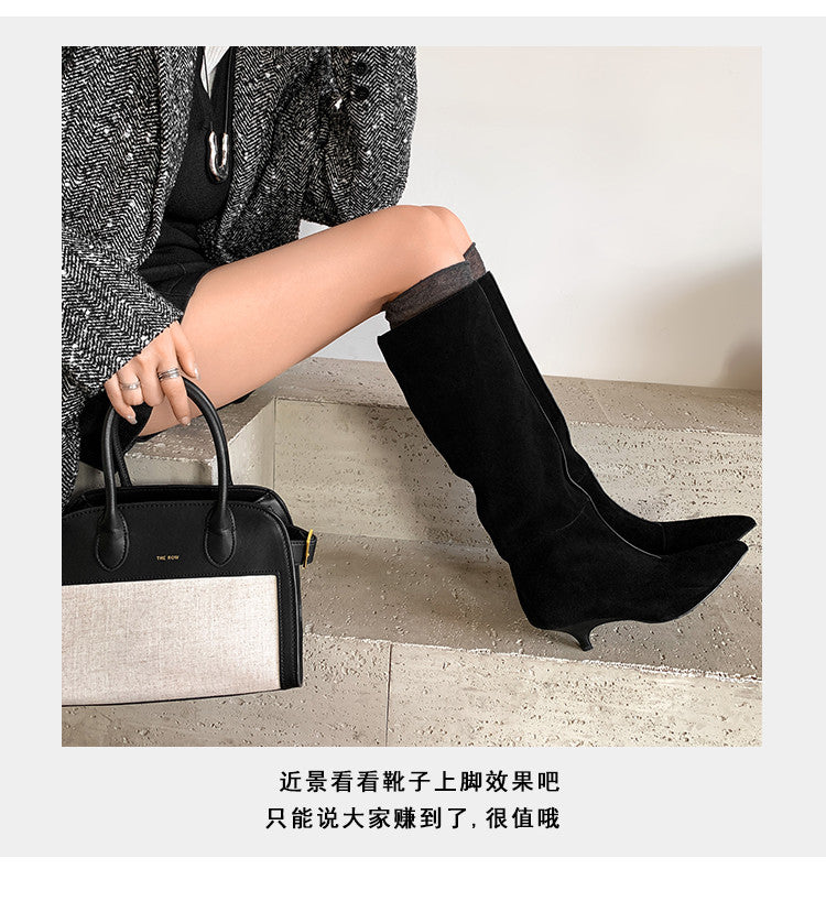 Karin Luna In Stock Spot Goods Retro Cowhide Pointed Toe Stiletto Elegant Long Boots