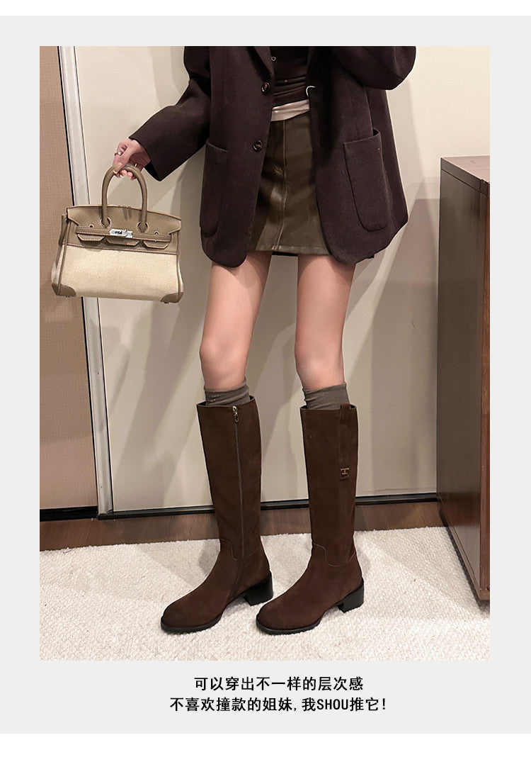Karin Luna In Stock Spot Goods Basic Retro Square Toe Chunky Heel Riding Boots