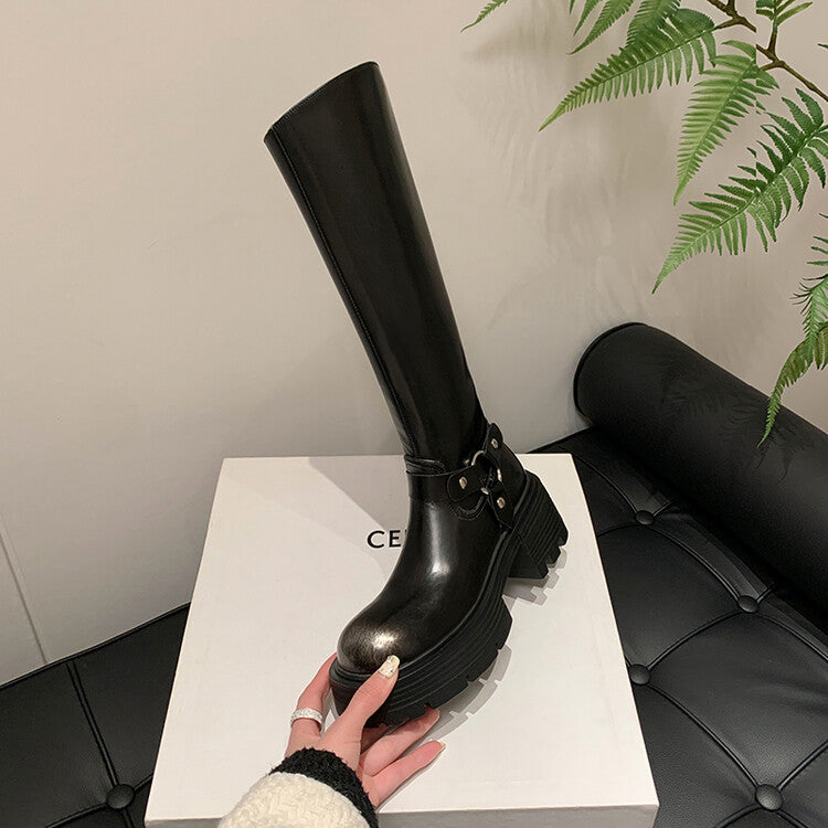 Karin Luna In Stock In Stock Slimming Diagonal Cut Tube Top  Best-selling in stock Retro Metal Buckle Thick-Soled Long Boots