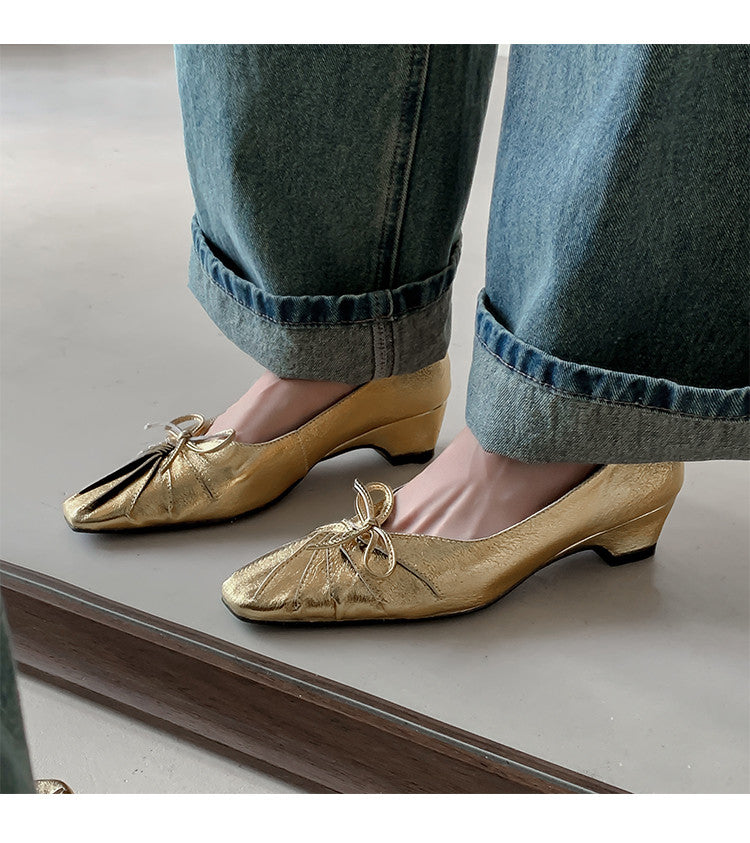 Karin Luna French Style Wrinkled Square Toe Height-Increasing Flats