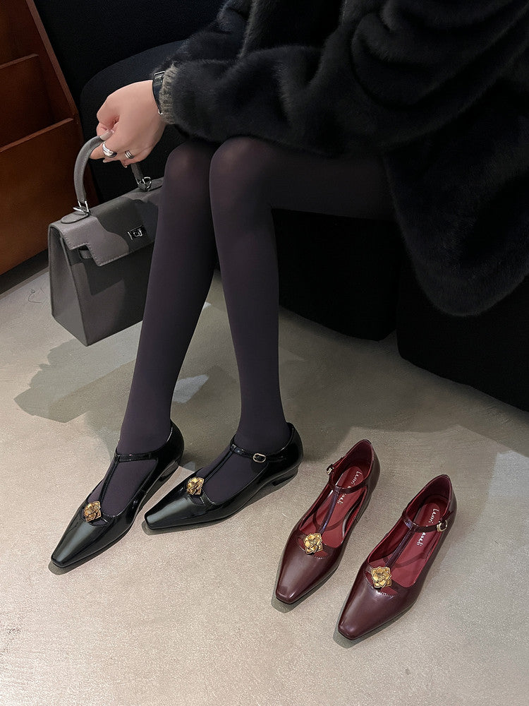 Karin Luna In Stock Spot Goods    Retro Classic Metal Camellia Irregular Heel Single Shoes